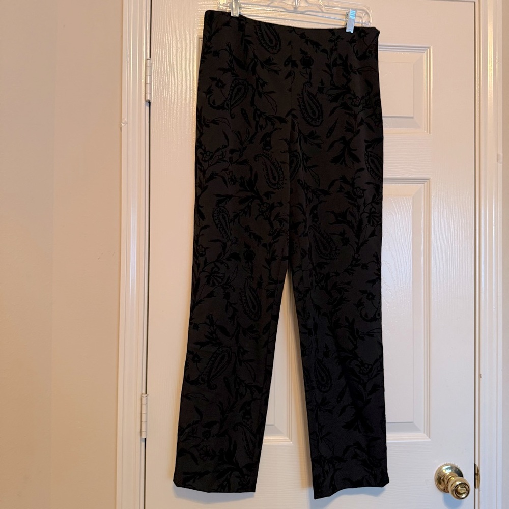 Vintage Talbots Pants Stretch Women 12 Velvet Flocked Black Side Zip Straight